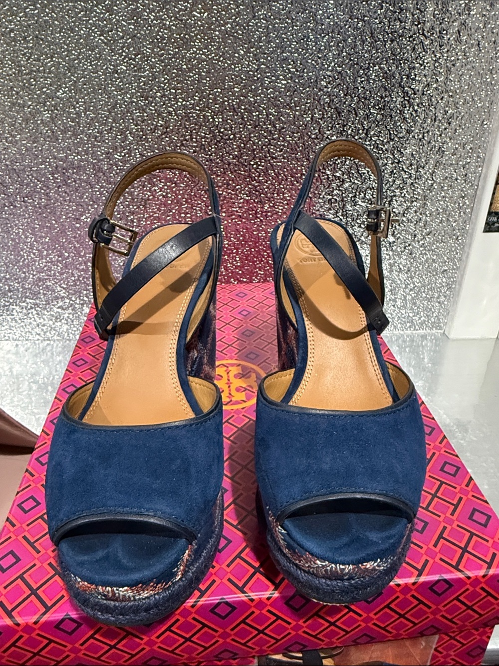 Tory Burch Navy Suede Peep-Toe Wedge Sandals
